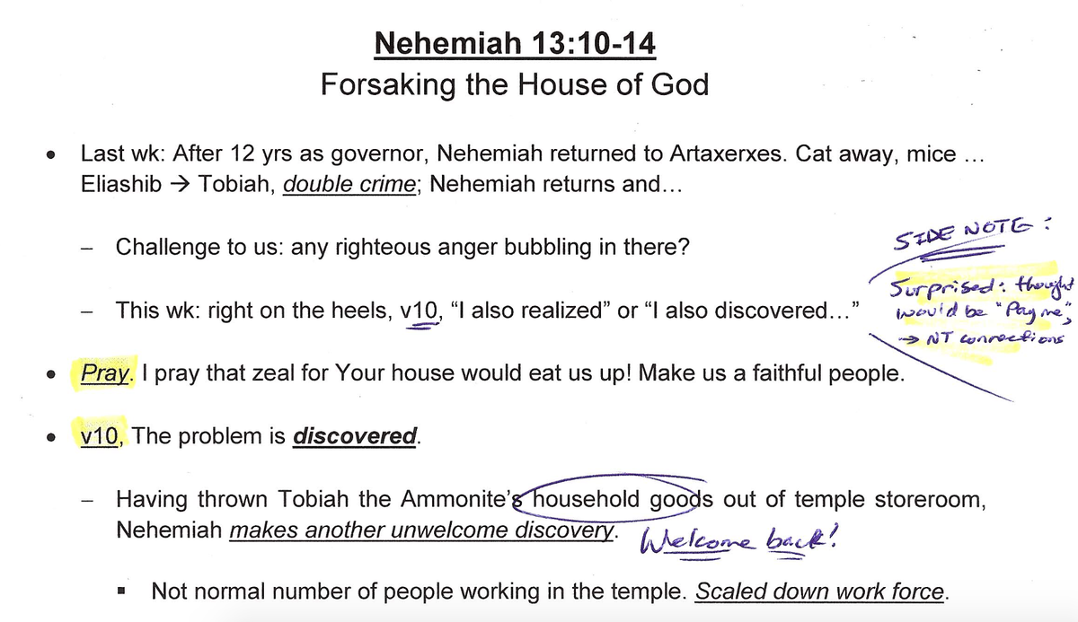 A highlighted sermon manuscript with handwritten preaching notes