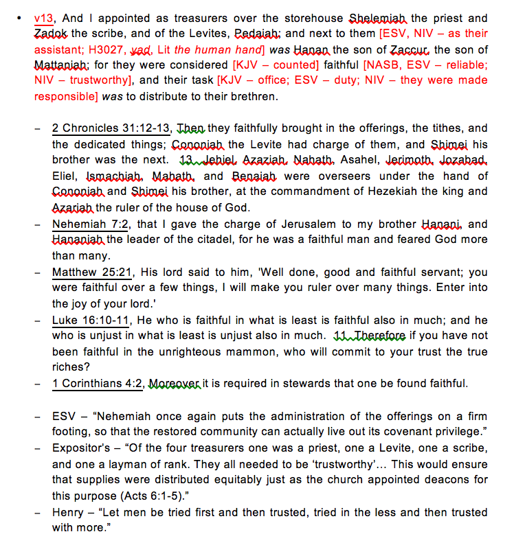 A page of highlighted and annotated study notes for Nehemiah 13:10–14