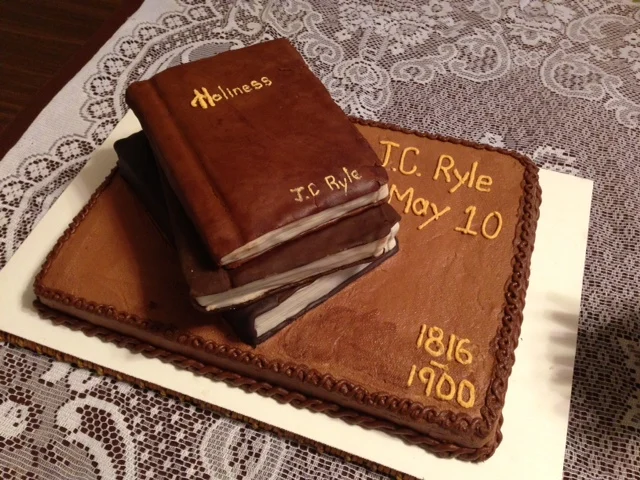 A cake decorated with edible copies of J. C. Ryle's books